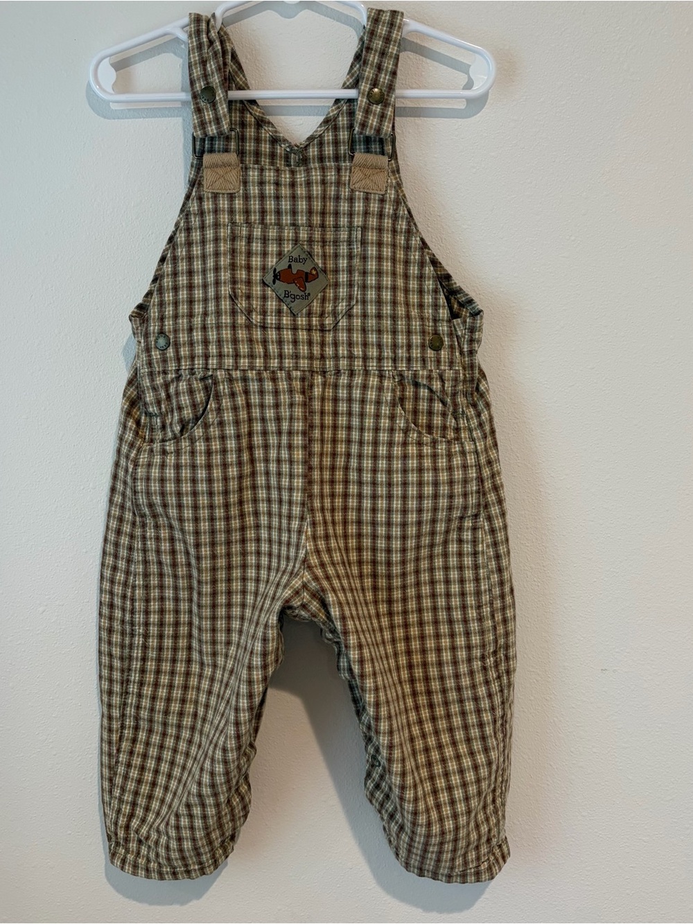 OshKosh B'gosh Plaid Overalls in Brown & Cream